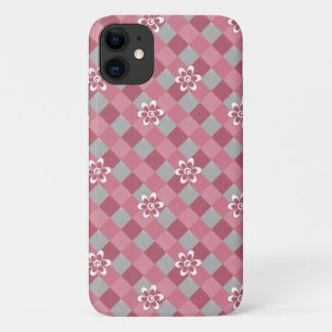Gray and pink plaid with chamomile flowers iPhone 11 case