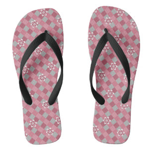 Gray and pink plaid with chamomile flowers thongs