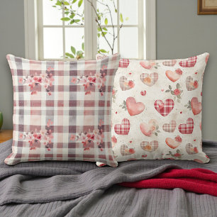 Gray and Red Gingham Hearts Double Sided Cushion