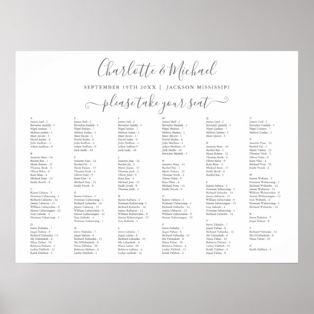 Gray And White 200 Names Wedding Seating Chart (Front)