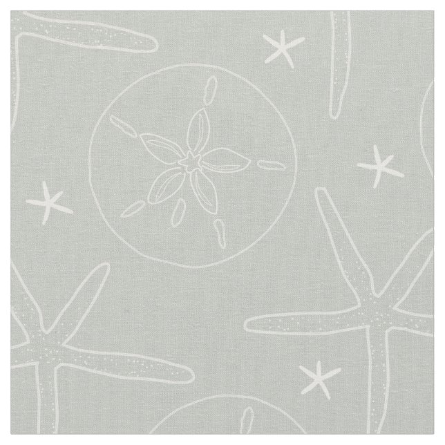 Gray and White Beach Shells Starfish, Sand Dollar Fabric (Close Up)