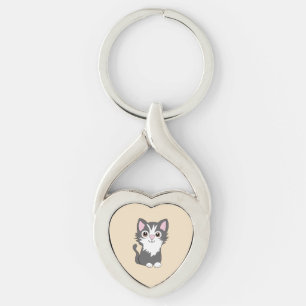 Gray and white cat key ring