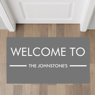 Gray And White Family Name Personalized Welcome Doormat