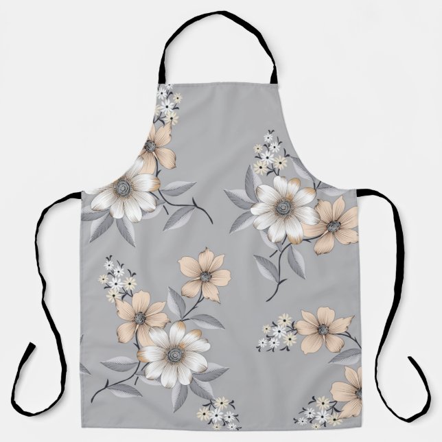 gray and white flower Pattern on gray backgroundde Apron (Front)