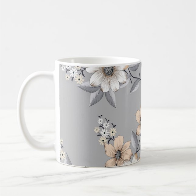 gray and white flower Pattern on gray backgroundde Coffee Mug (Left)
