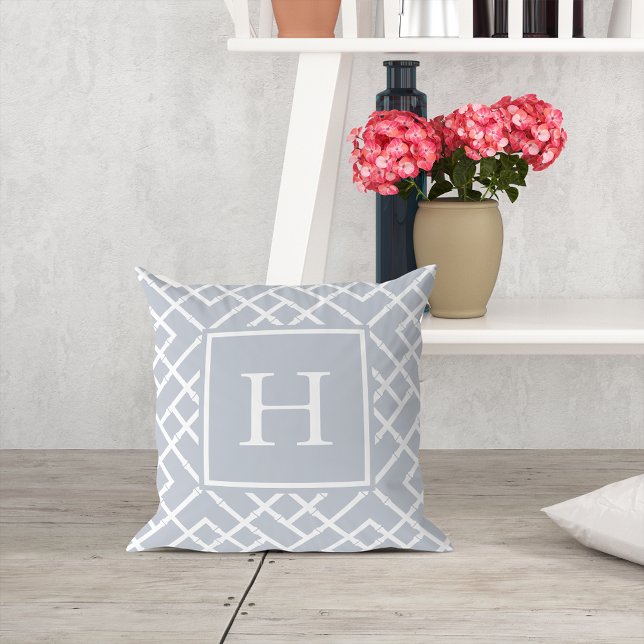 Gray and White Geometric Bamboo Lattice Monogram Cushion (Creator Uploaded)