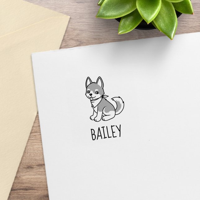 Gray and White Husky Puppy Dog Custom Name 1x1 Rubber Stamp (Creator Uploaded)