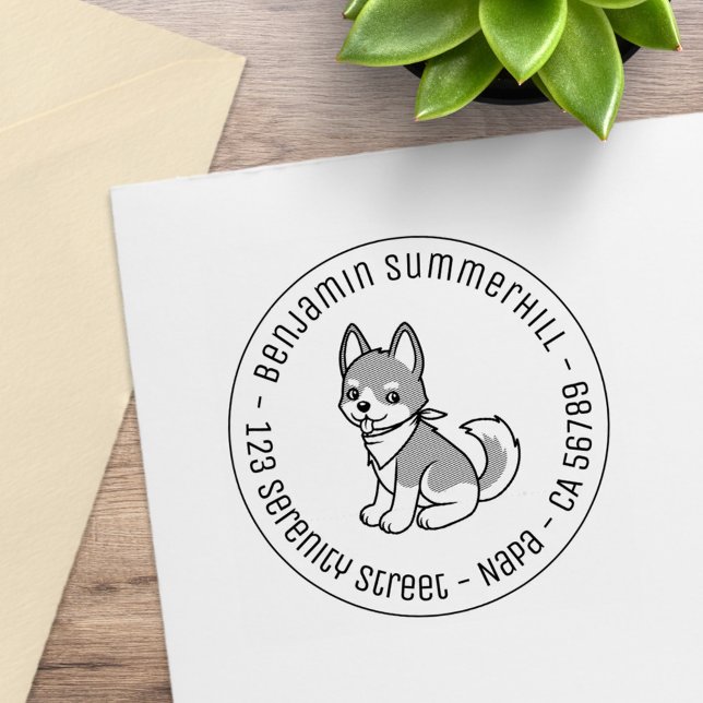 Gray and White Husky Puppy Dog Round Address Rubber Stamp (Creator Uploaded)