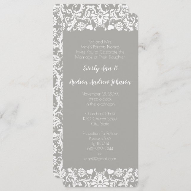 Gray and White Lace Floral Damask Wedding Invitation (Front/Back)