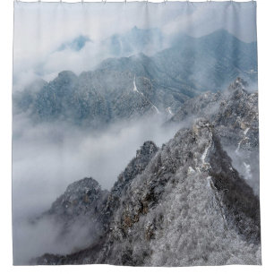 GRAY AND WHITE MOUNTAIN UNDER WHITE CLOUDS DURING SHOWER CURTAIN