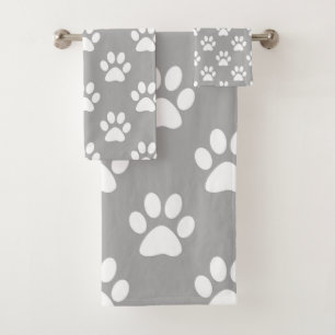 Gray and white paw prints bath towel set