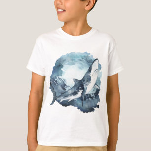 Gray and White Shark in the Watercolor Blue Ocean T-Shirt