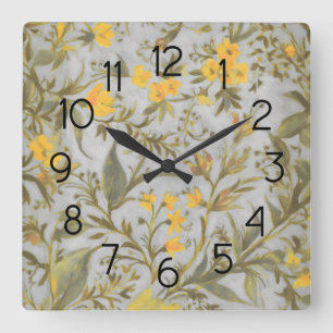 Gray and Yellow Floral Pattern Square Wall Clock