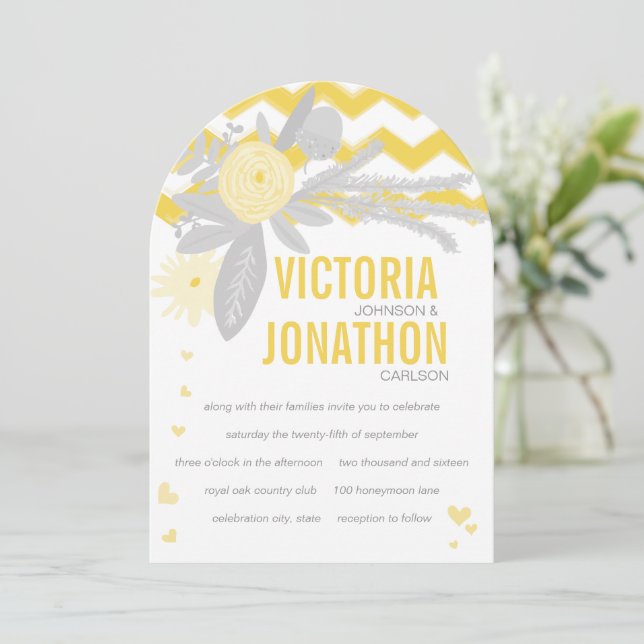 Gray and Yellow Zig Zag Typography Wedding Invitation (Standing Front)
