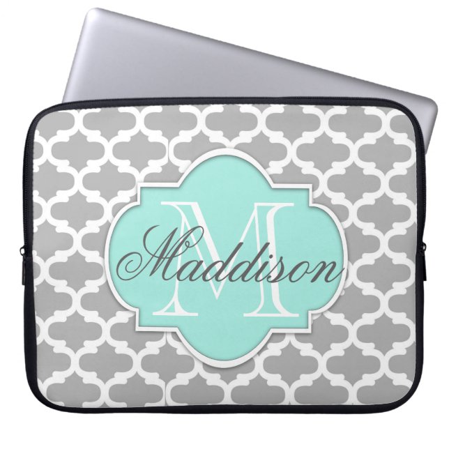 Gray Aqua Elegant Pattern Monogram Laptop Sleeve (Front)