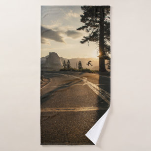 Gray asphalt road near mountain in the morning bath towel