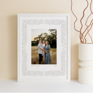 Gray Beige Folk Art Floral Frame with Custom Text Poster