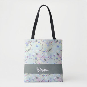 Gray birds with flowers tote bag