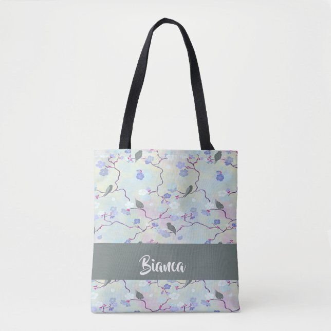 Gray birds with flowers tote bag (Front)