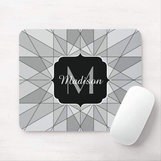 Gray black white Mosaic Triangle Pattern Monogram Mouse Pad (With Mouse)