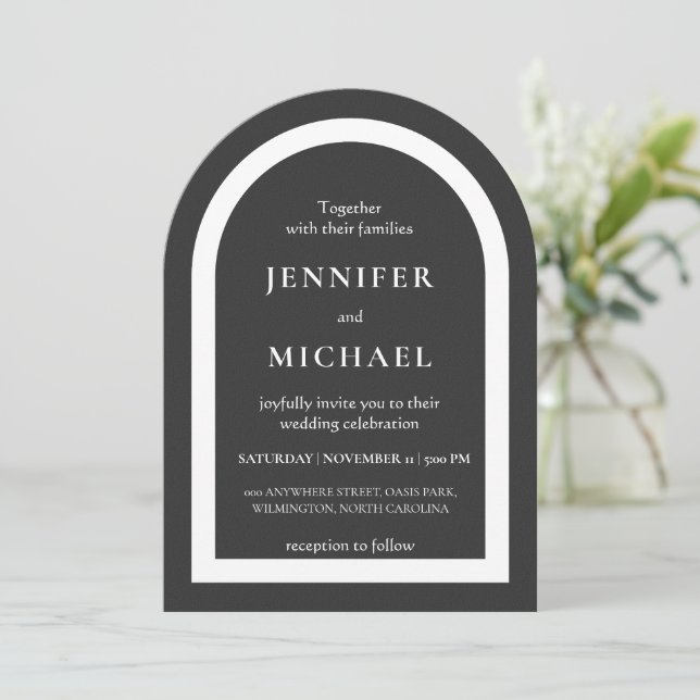 Gray black white text wedding invitation (Standing Front)