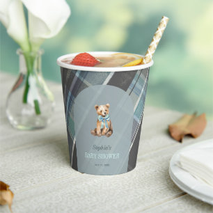 Gray & Blue Plaid Teddy Bear Baby Shower Paper Cups