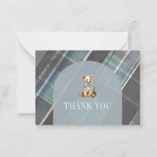Gray & Blue Plaid Teddy Bear Baby Shower Thank You Card
