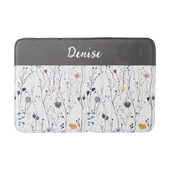Gray Blue Watercolor Wildflower Monogram  Bath Mat (Front)