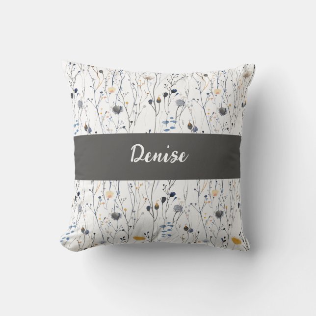 Gray Blue Watercolor Wildflower Monogram Name Cushion (Front)