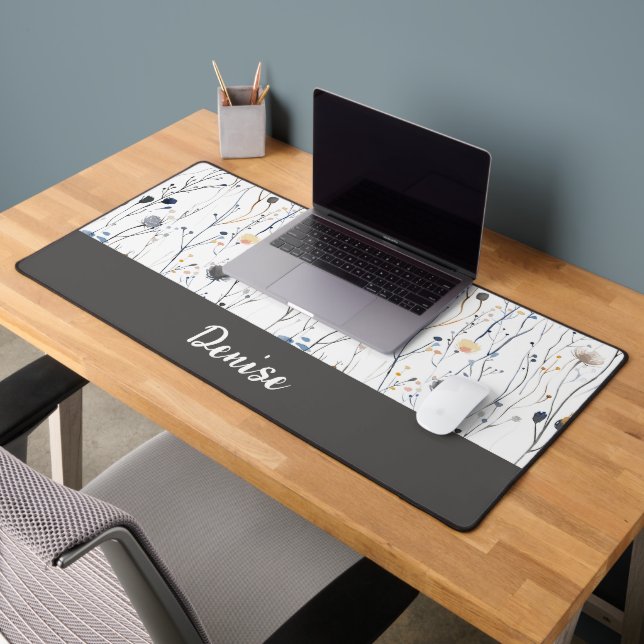 Gray Blue Watercolor Wildflower Monogram Name Desk Mat (Office 2)
