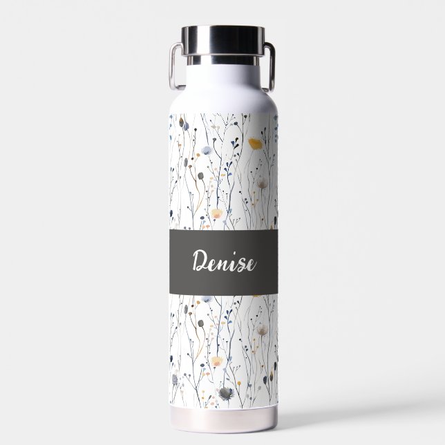 Gray Blue Wildflower Watercolor Monogram Name Water Bottle (Front)