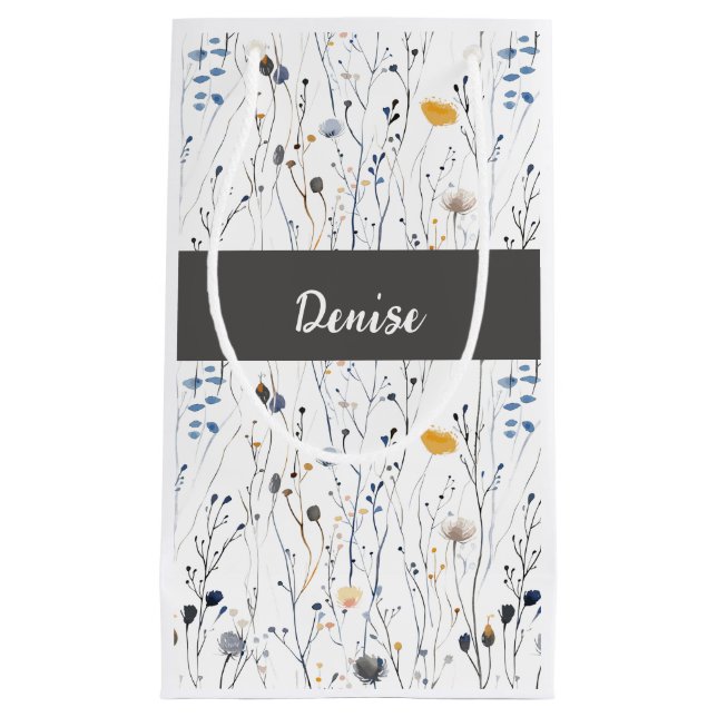 Gray Blue Wildflower Watercolor Monogram Small Gift Bag (Front)