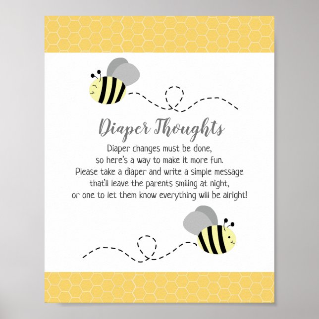 Gray Bumble Bee Baby Shower Diaper Thoughts Game Poster (Front)