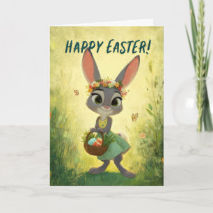 Gray Bunny Wearing Flower-Crown w/ Easter Basket Card