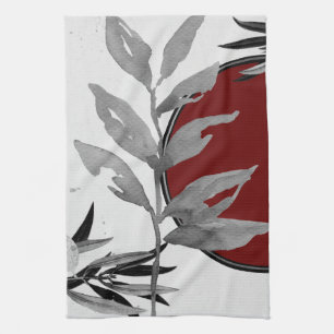 Gray & Burgundy Modern Watercolor Leaves Tea Towel