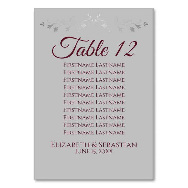 Gray & Burgundy Simple Wedding Seating Chart Table Number (Front)
