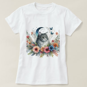 Gray Cat Blue Butterfly Floral  T-Shirt