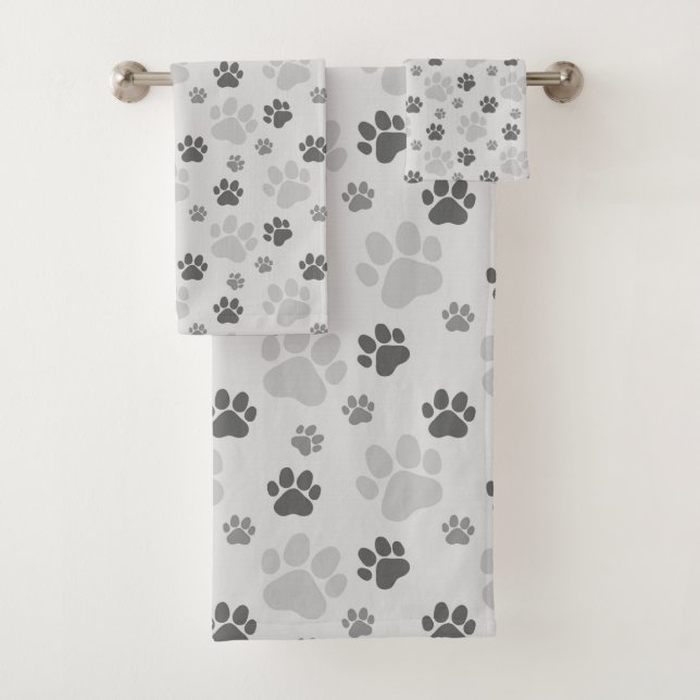Gray Cat Paw Print Pattern Bath Towel Set (Insitu)