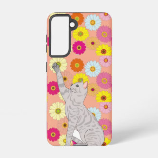 Gray Cat Reaching for Flowers Samsung Galaxy Case