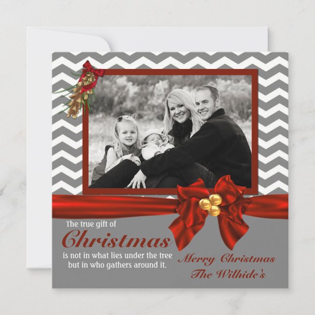 Gray Chevron Photo Christmas Card (Front)