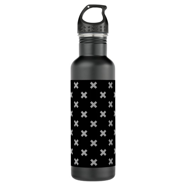 Gray cross stitches on black 710 ml water bottle (Front)