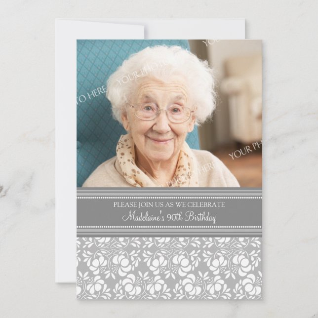 Gray Damask Photo 90th Birthday Party Invitations (Front)
