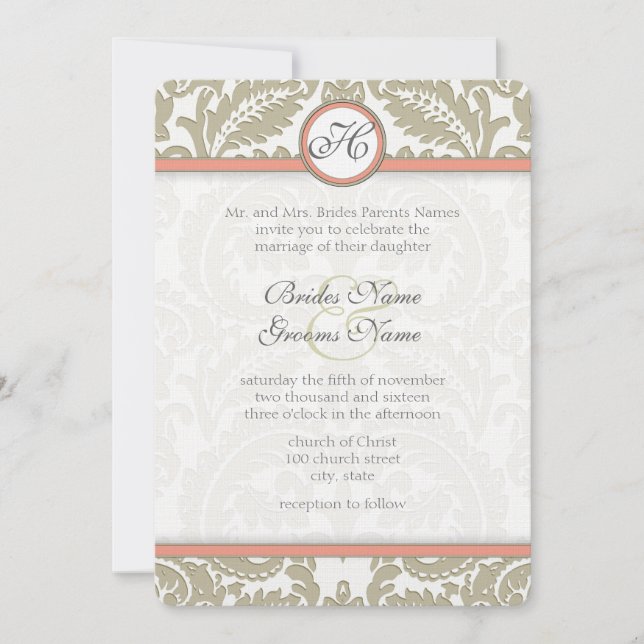 Gray Damask with Coral & Greige Wedding Invitation (Front)