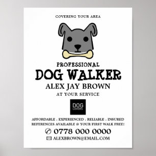 Gray Dog with Bone, Dog Walker Advertising Poster