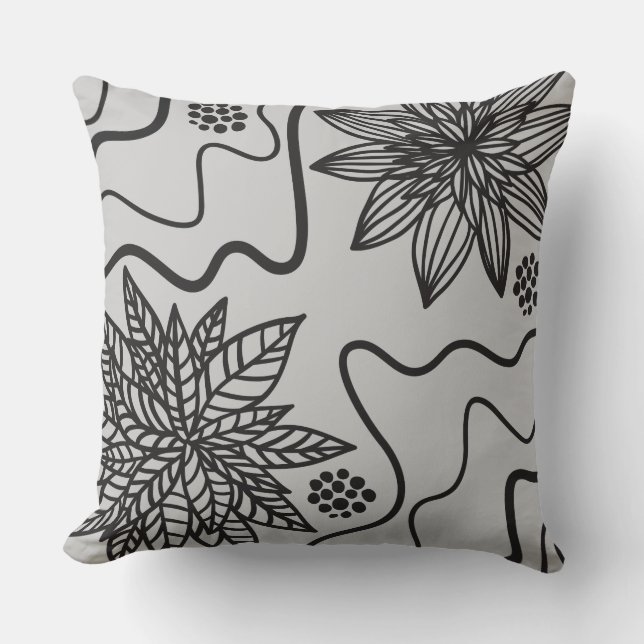 GRAY FLORAL BLACK DESIGN Retro Throw Pillow (Front)
