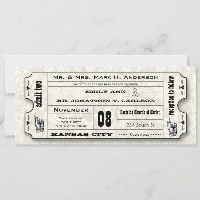 Gray Floral Modern Typography Ticket Wedding Invitation (Front)