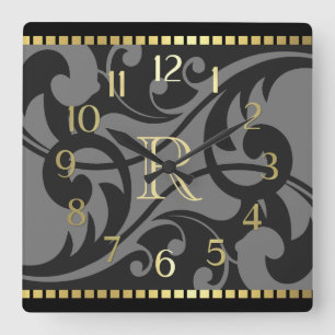 Gray Flourish Design Gold Border with Monogram Square Wall Clock