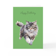 Gray Fluffy Cat Running Birthday Card #1