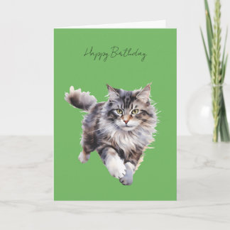 Gray Fluffy Cat Running Birthday Card #1