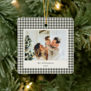 Gray Gingham Family Photo Personalized Christmas Ceramic Ornament